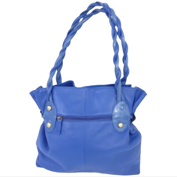 Michael Rome Designs Blue Pebbled Leather Shoulder Bag, Tassels, Twisted Handles - Picture 2 of 9